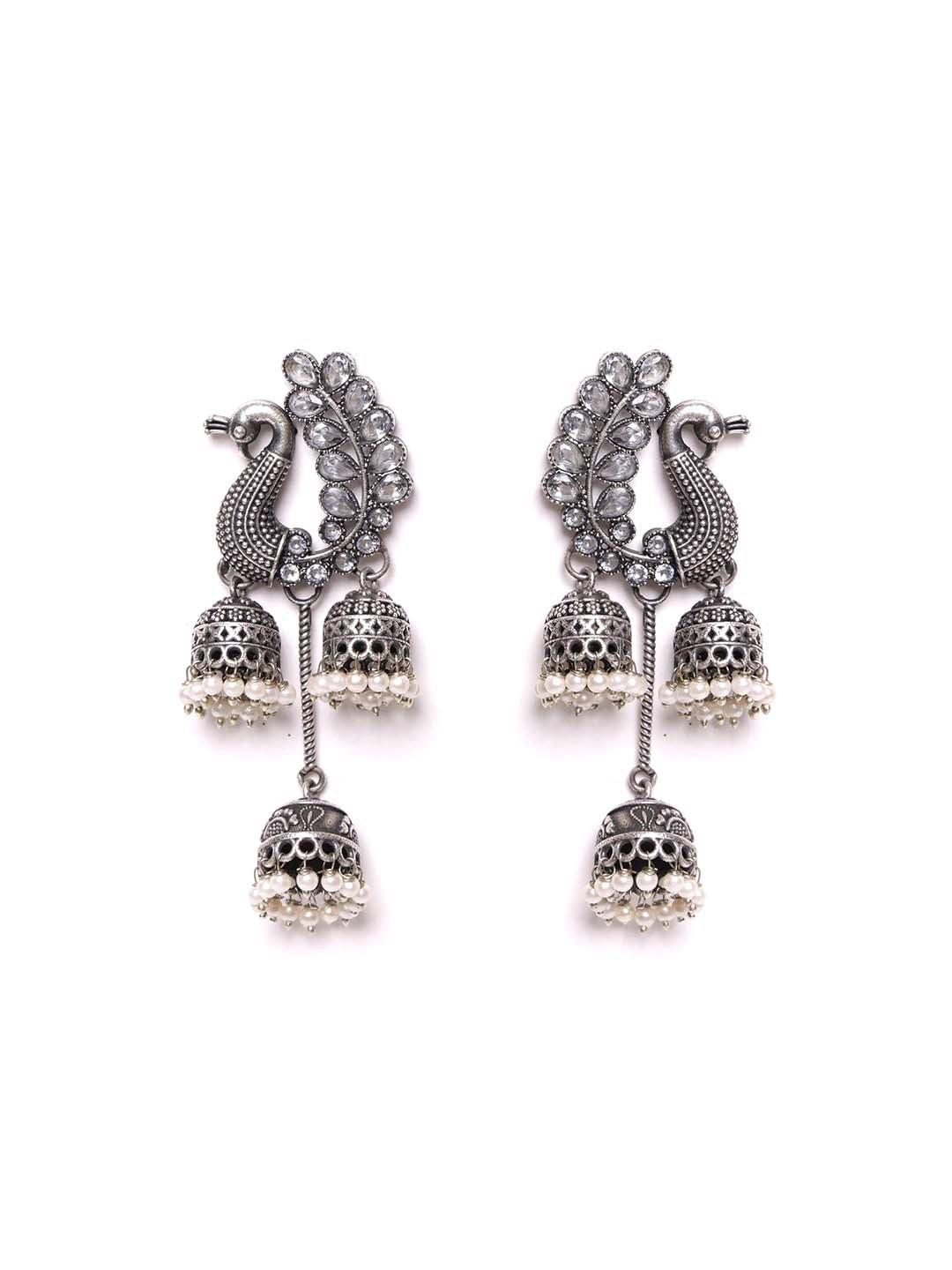 Silver Plated Artificial Beads Peacock Shaped Drop Earrings