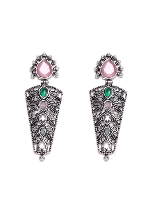 Silver Plated Cubic Zirconia Studded Oxidized Drop Earrings