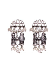 Silver Plated Artificial Beads Oxidized Contemporary Drop Earrings