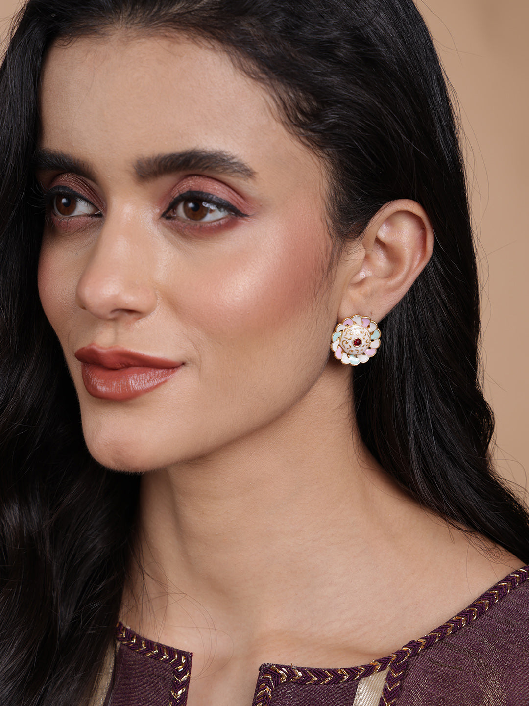 Set Of 3 Gold-Plated Circular Stone Studded & Beaded Studs