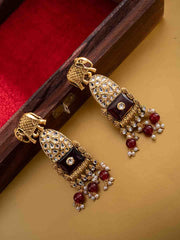 Gold-Plated Artificial Stones Studded & Beaded Contemporary Shaped Drop Earrings