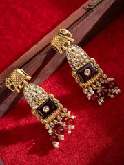 Gold-Plated Artificial Stones Studded & Beaded Contemporary Shaped Drop Earrings