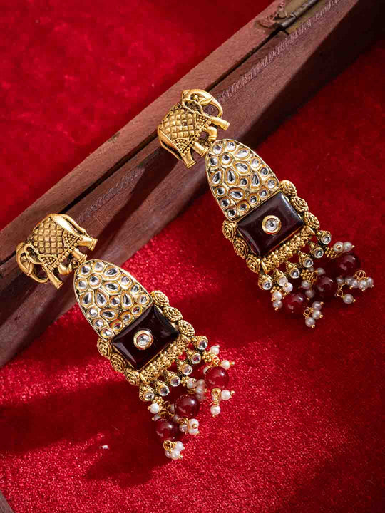 Gold-Plated Artificial Stones Studded & Beaded Contemporary Shaped Drop Earrings