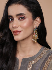 Gold-Plated Peacock Shaped Stone Studded & Beaded Drop Earrings