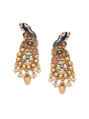 Gold-Plated Peacock Shaped Stone Studded & Beaded Drop Earrings