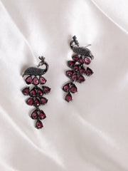 Silver-Plated Cubic Zirconia Studded Peacock Shaped Drop Earrings