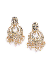 Gold-Plated Artificial Stones Studded and Beaded Contemporary Shaped Drop Earrings