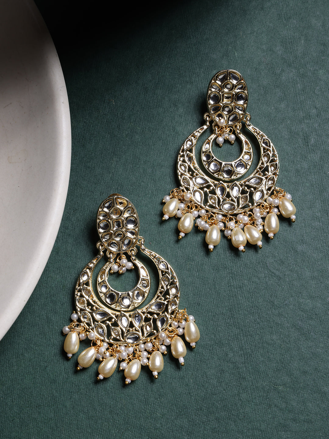 Gold-Plated Artificial Stones Studded and Beaded Contemporary Shaped Drop Earrings