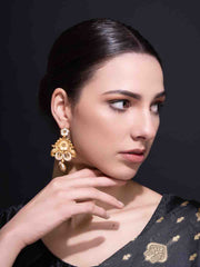 Gold-Plated Stones Studded & Beaded Floral Shaped Drop Earrings