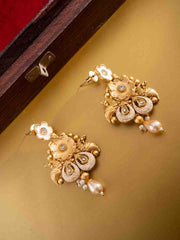 Gold-Plated Stones Studded & Beaded Floral Shaped Drop Earrings