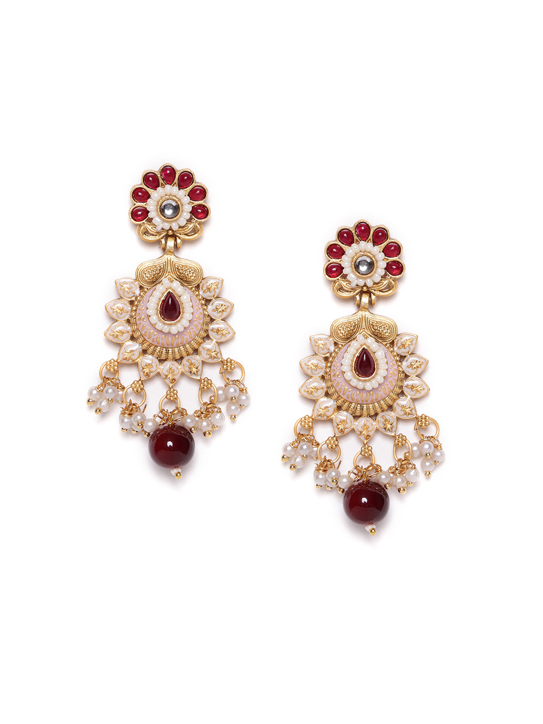 Gold-Plated Contemporary Stone Studded & Beaded Drop Earrings