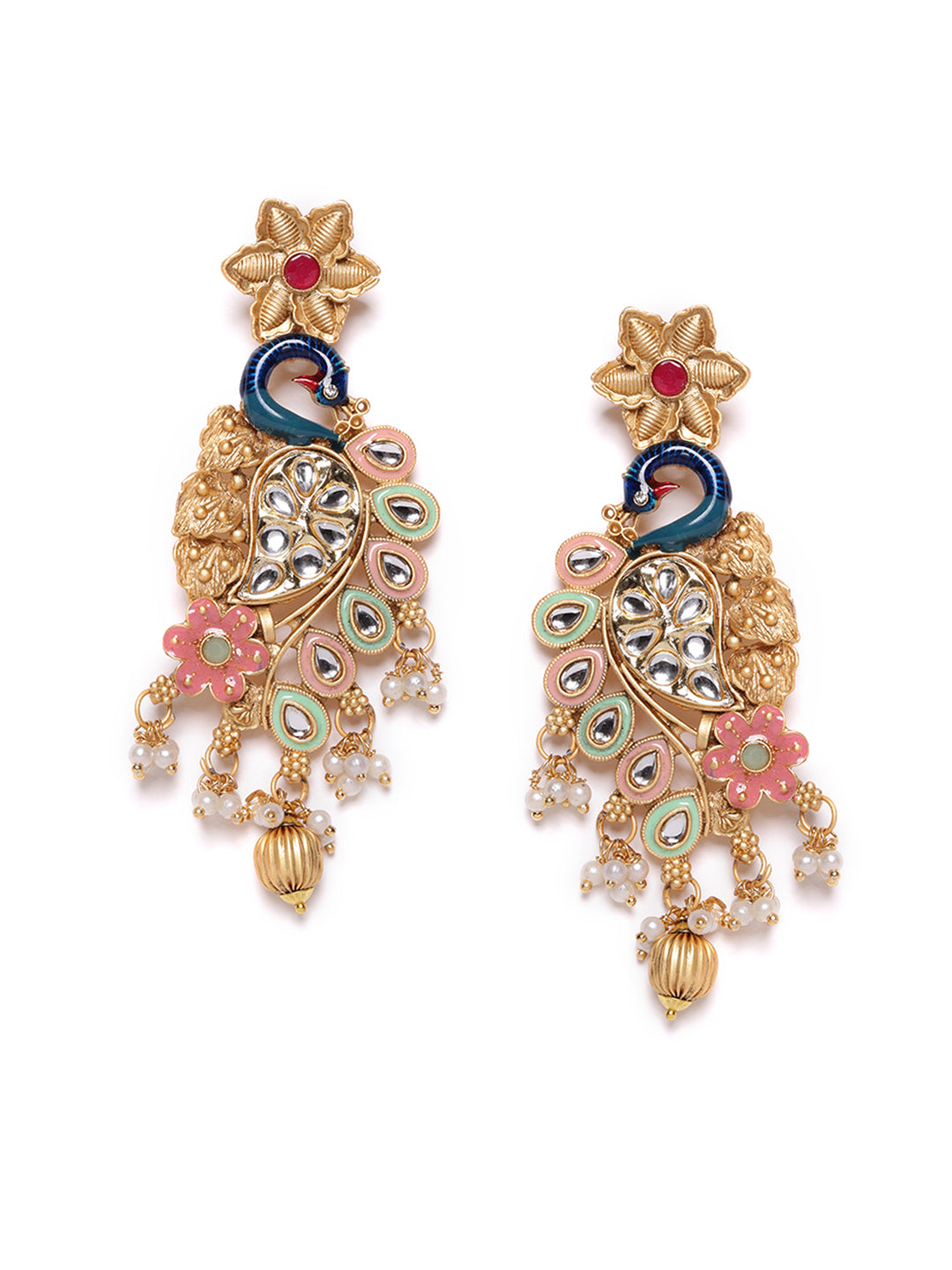 Gold Plated Cubic Zirconia Peacock Shaped Drop Earrings