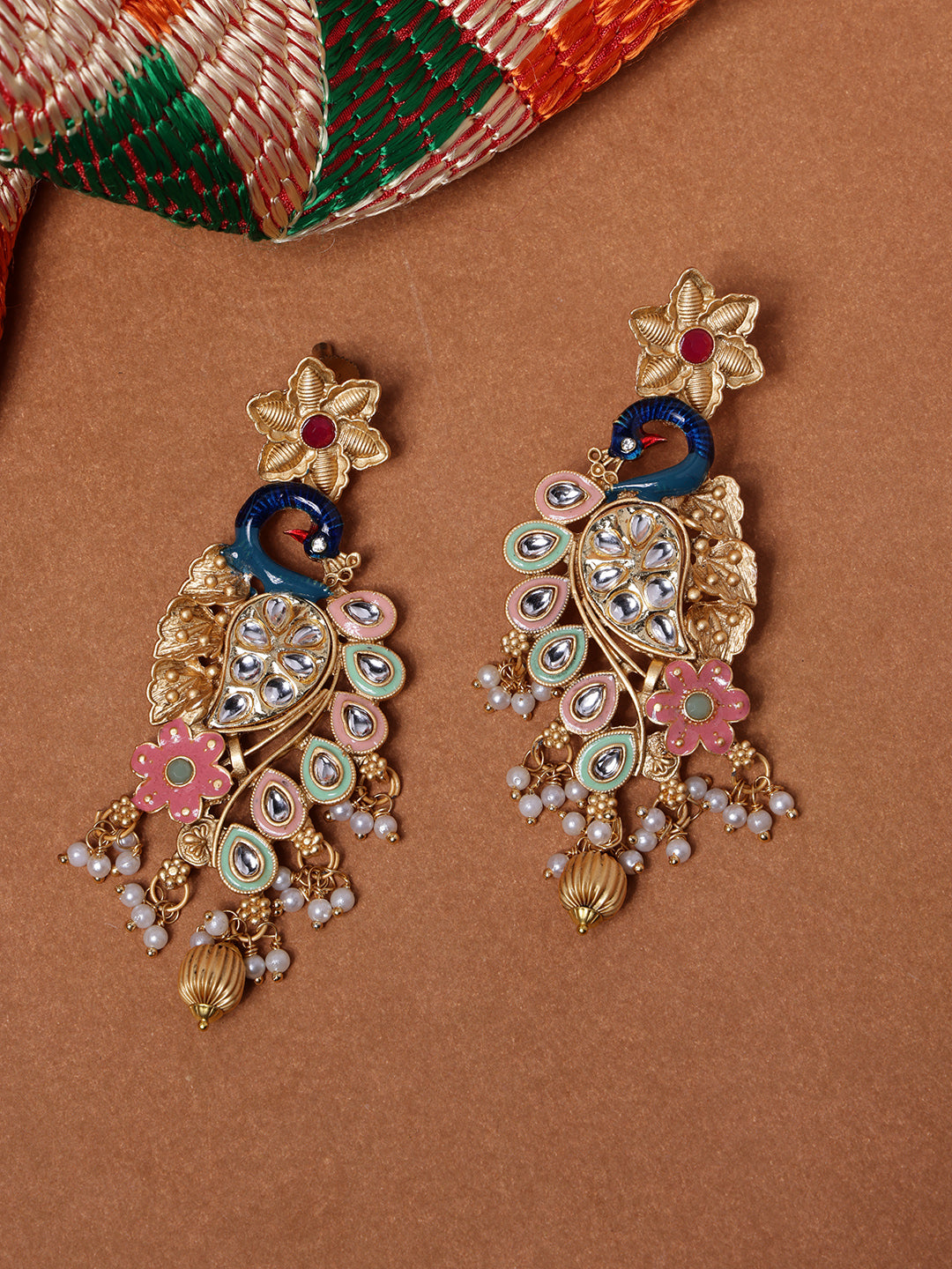 Gold Plated Cubic Zirconia Peacock Shaped Drop Earrings