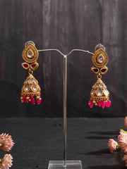 Gold-Plated Artificial Stones Studded And Beaded Contemporary Shaped Jhumkas