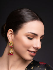 Gold-Plated Artificial Stones Studded And Beaded Contemporary Shaped Jhumkas