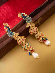 Gold-Plated Artificial Stones Studded And Beaded Peacock Shaped Drop Earrings