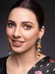 Gold-Plated Artificial Stones Studded And Beaded Peacock Shaped Drop Earrings