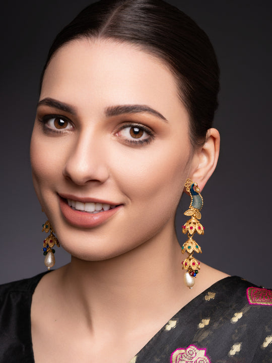 Gold-Plated Artificial Stones Studded And Beaded Peacock Shaped Drop Earrings