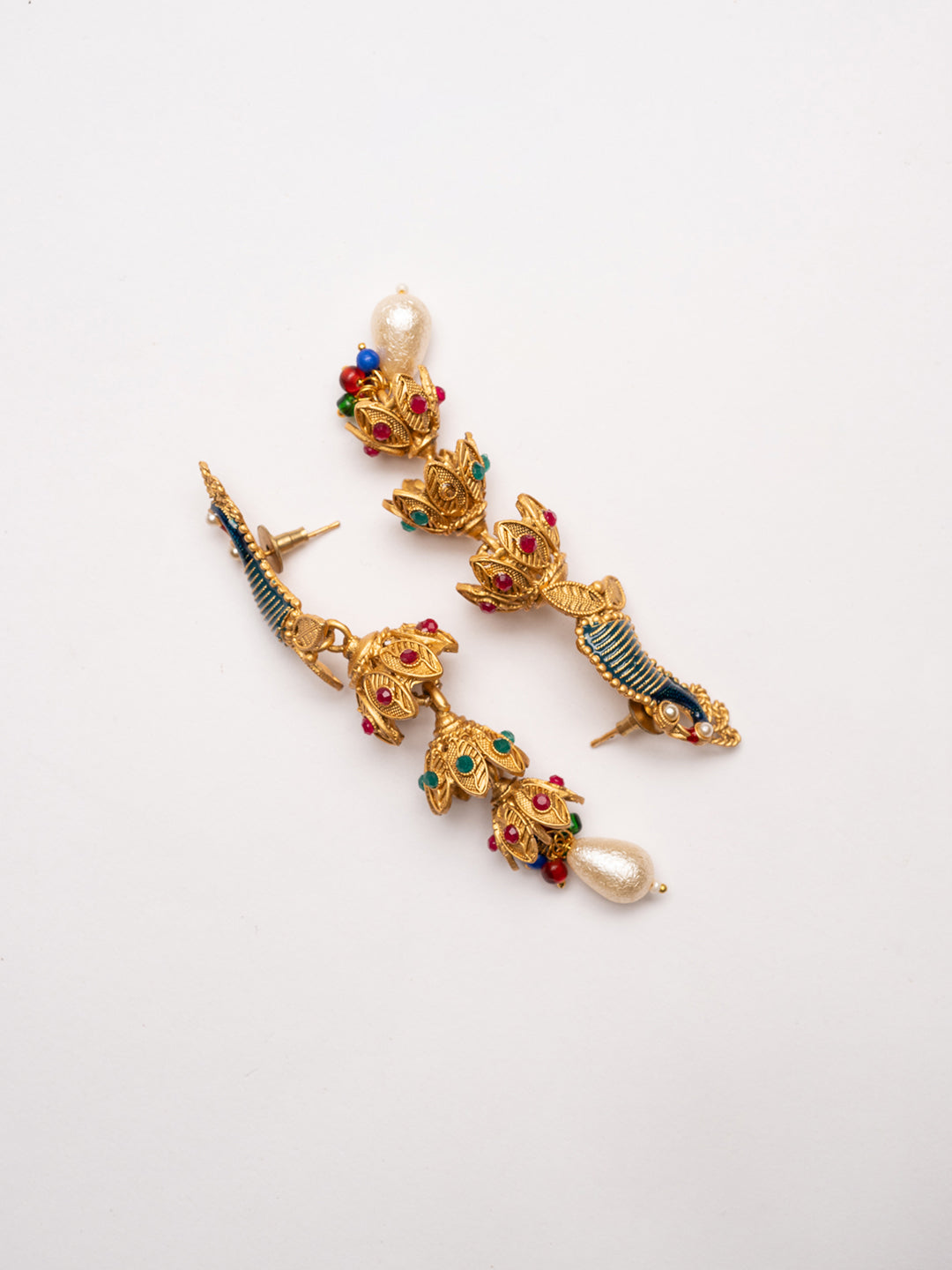 Gold-Plated Artificial Stones Studded And Beaded Peacock Shaped Drop Earrings