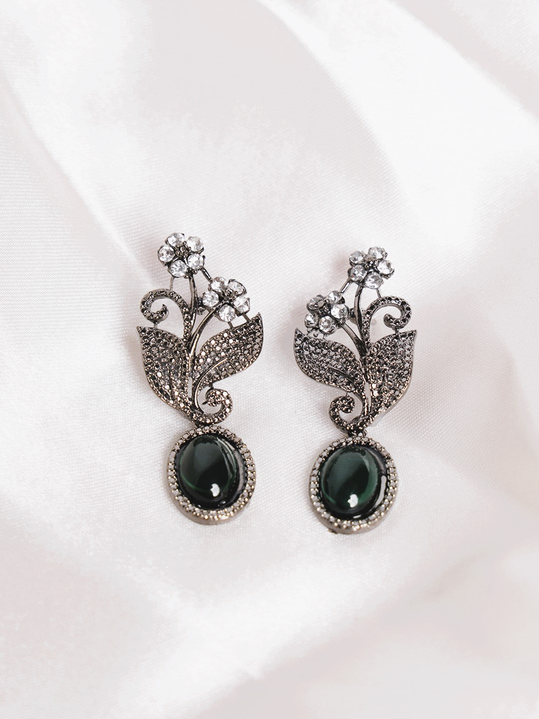 Silver-Plated Cubic Zirconia Studded Leaf Shaped Oxidised Drop Earrings