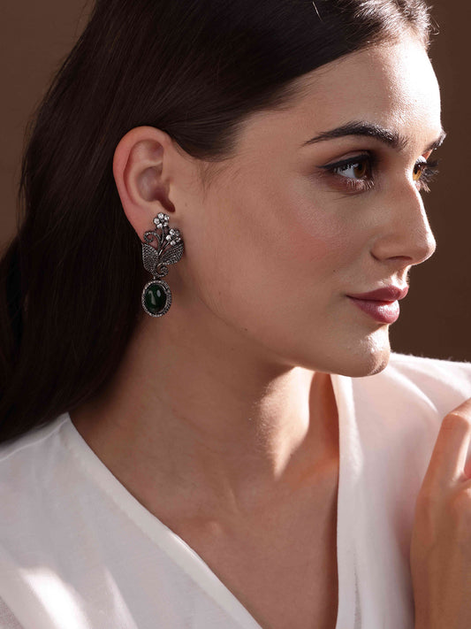 Silver-Plated Cubic Zirconia Studded Leaf Shaped Oxidised Drop Earrings