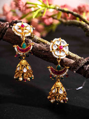 Gold-Plated Artificial Stones Studded And Beaded Contemporary Shaped Jhumkas