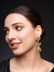 Gold-Plated Artificial Stones Studded And Beaded Contemporary Shaped Jhumkas