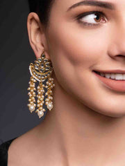Gold-Plated Artificial Stones Studded & Beaded Contemporary Shaped Drop Earrings