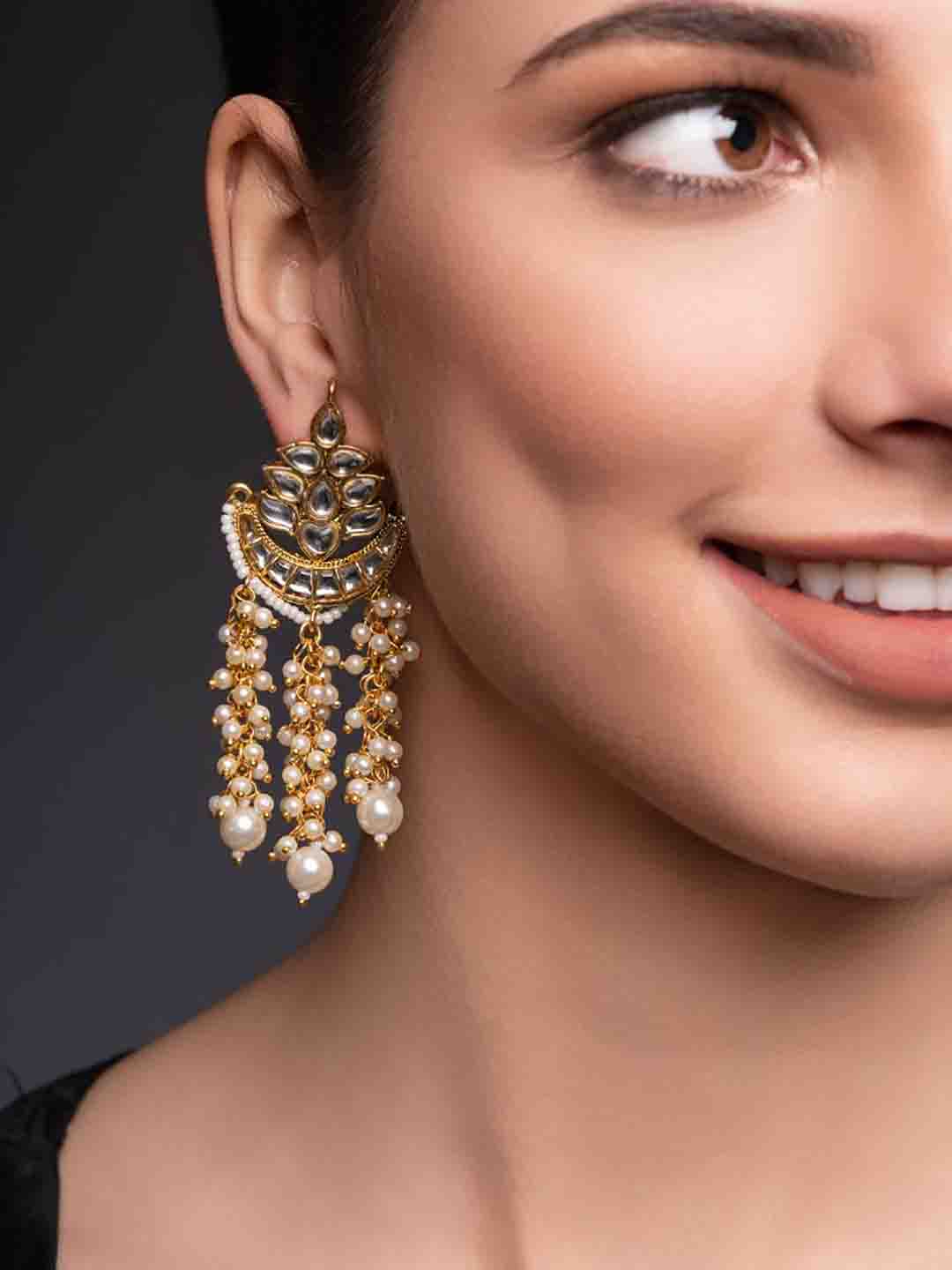 Gold-Plated Artificial Stones Studded & Beaded Contemporary Shaped Drop Earrings