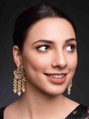 Gold-Plated Artificial Stones Studded & Beaded Contemporary Shaped Drop Earrings