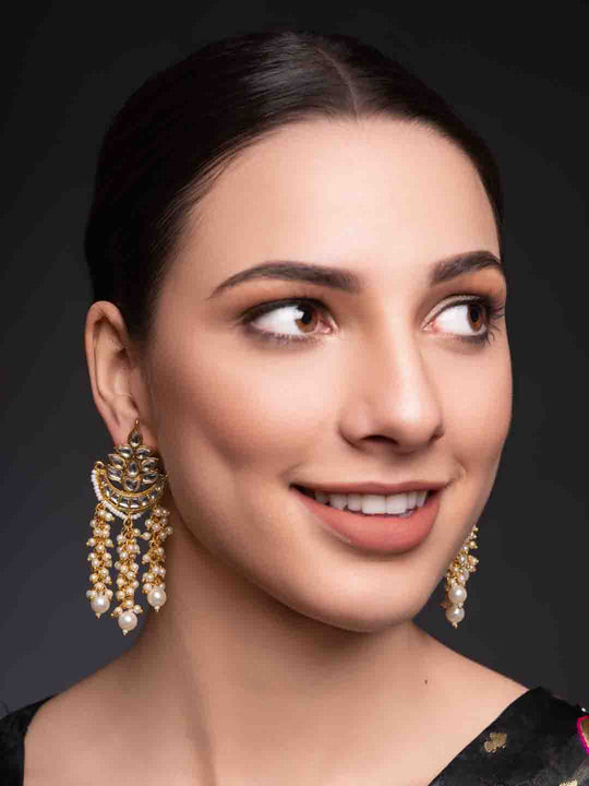Gold-Plated Artificial Stones Studded & Beaded Contemporary Shaped Drop Earrings
