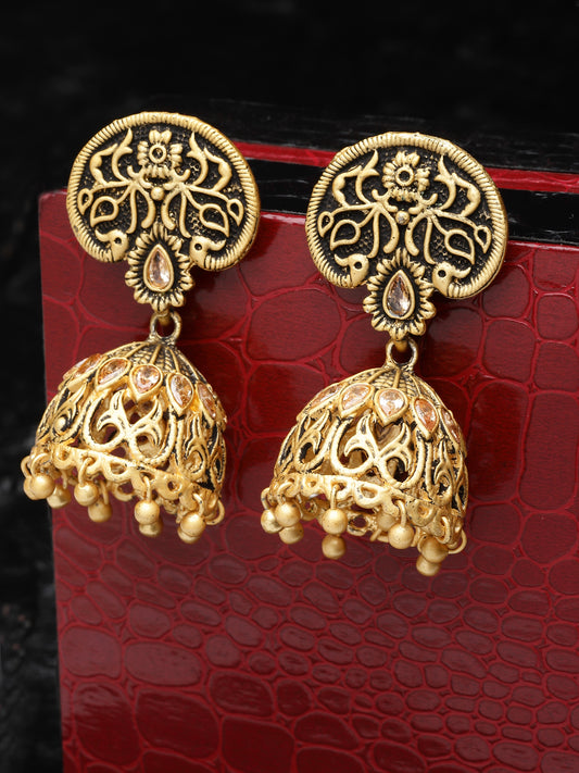 Peach-Coloured Gold-Plated Stone-Studded Jhumkas