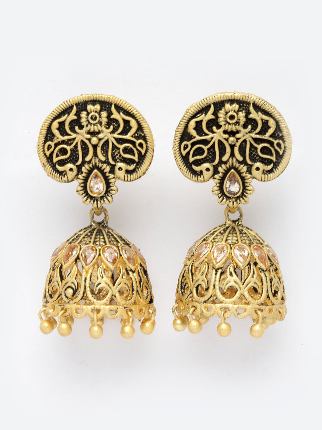 Peach-Coloured Gold-Plated Stone-Studded Jhumkas