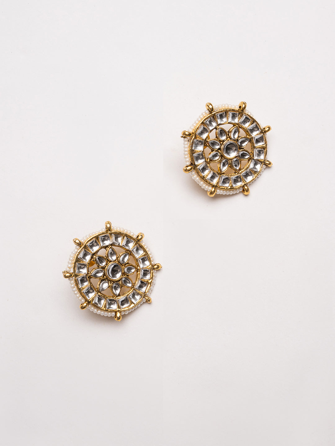 Gold-Plated Artificial Stones Studded And Beaded Circular Shaped Studs