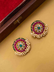 Gold-Plated Artificial Stones Studded And Beaded Circular Shaped Studs