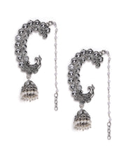 Silver Plated Kundan Studded Peacock Shaped Jhumkas Earrings