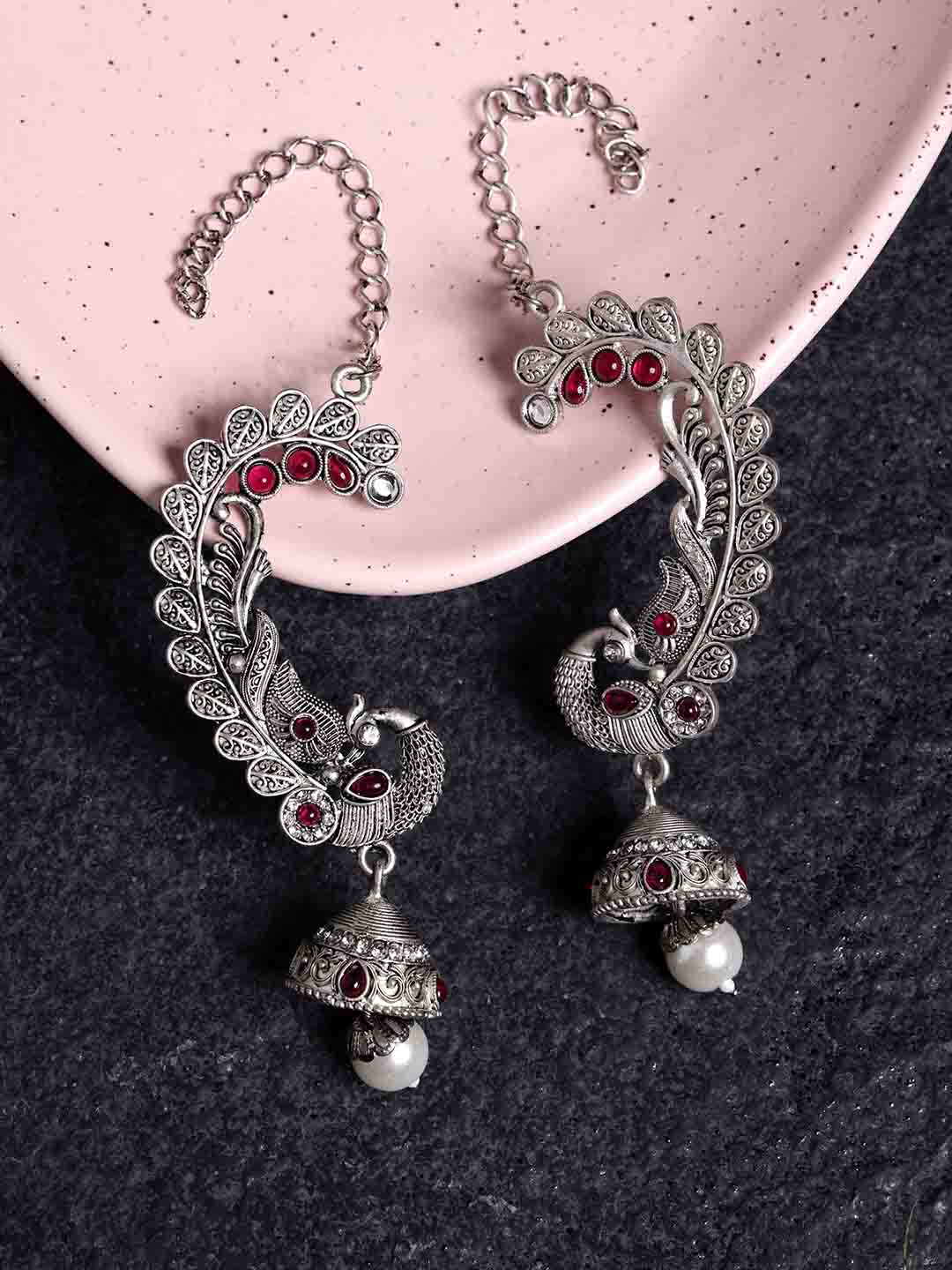 Silver Plated Kundan Studded Peacock Shaped Ear Cuffs Jhumka Earrings