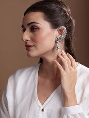 Silver Plated Kundan Studded Peacock Shaped Ear Cuffs Jhumka Earrings