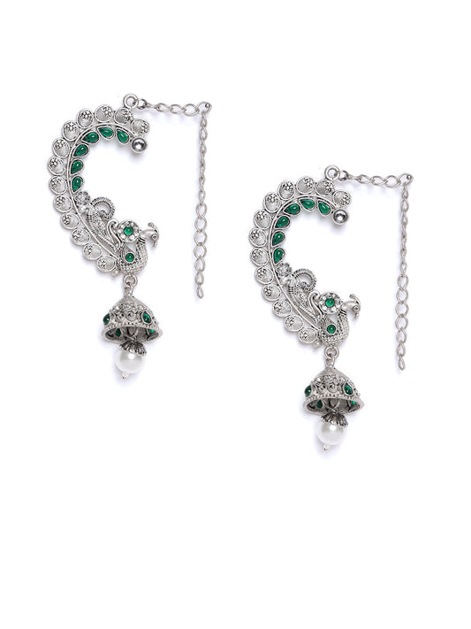 Silver Plated Peacock Shaped Oxidized Ear Cuffs Jhumka Earrings