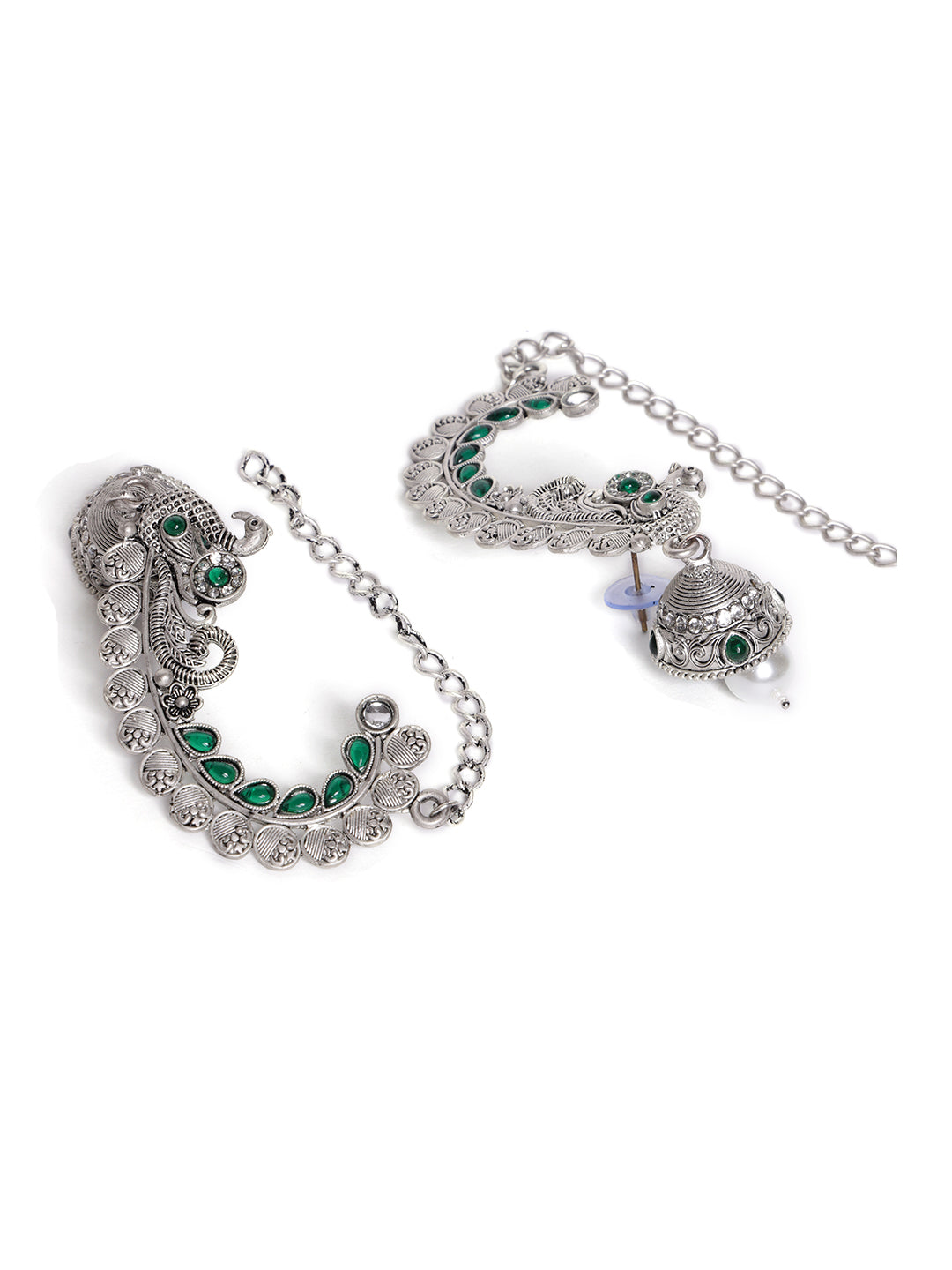 Silver Plated Peacock Shaped Oxidized Ear Cuffs Jhumka Earrings