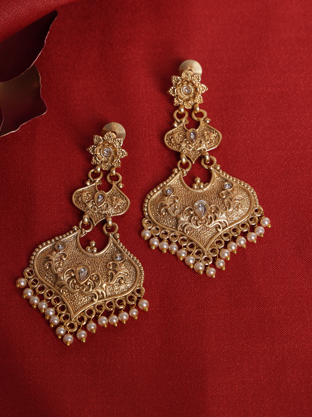 Gold Plated Kundan Contemporary Drop Earrings