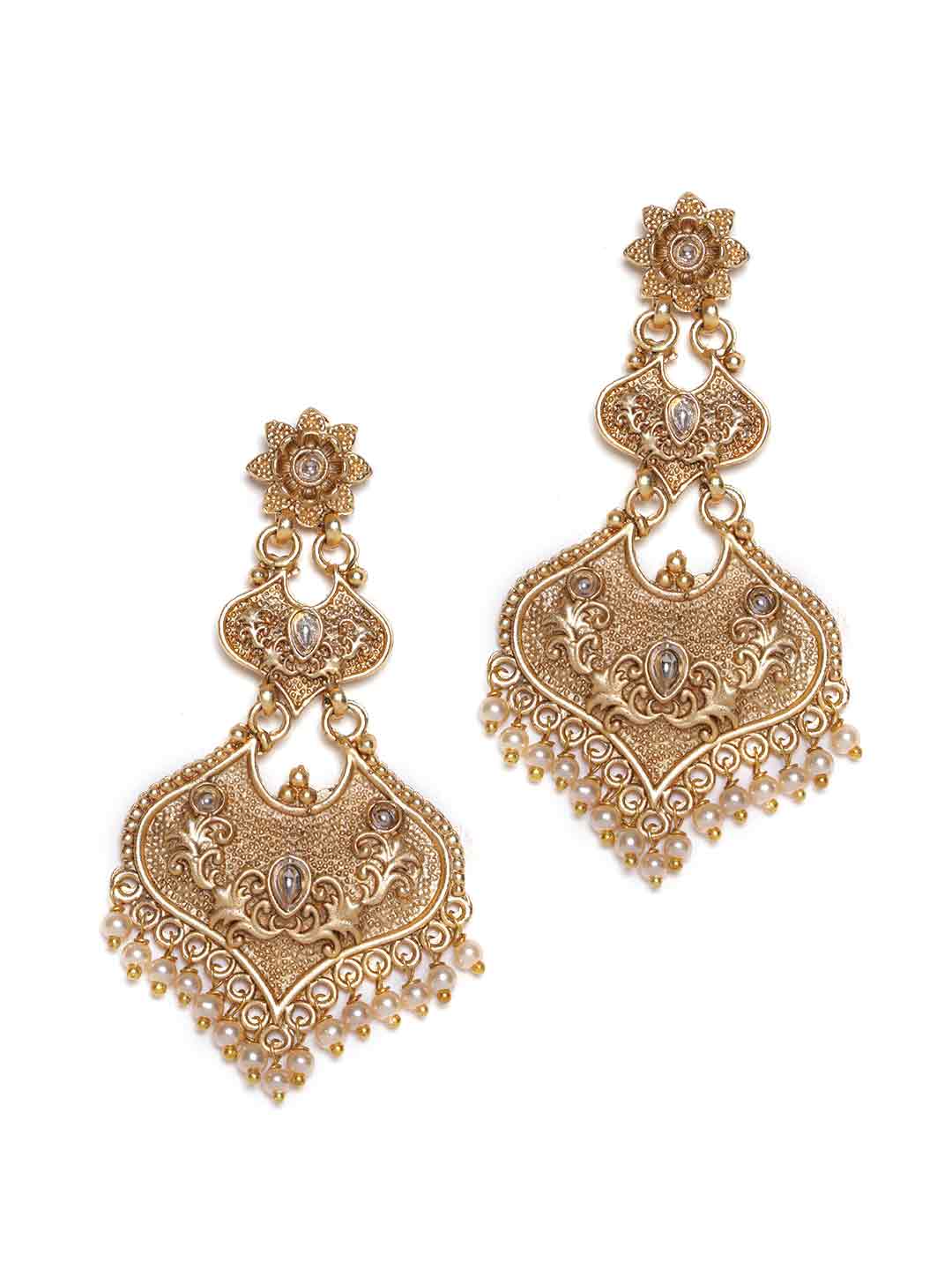 Gold Plated Kundan Contemporary Drop Earrings