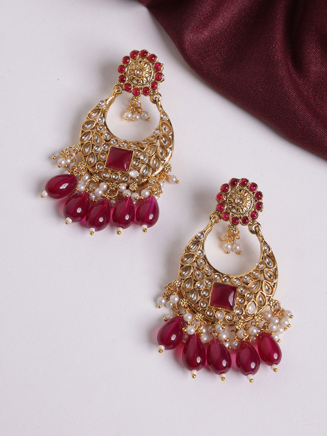 Gold-Plated Contemporary Stone Studded & Beaded Drop Earrings