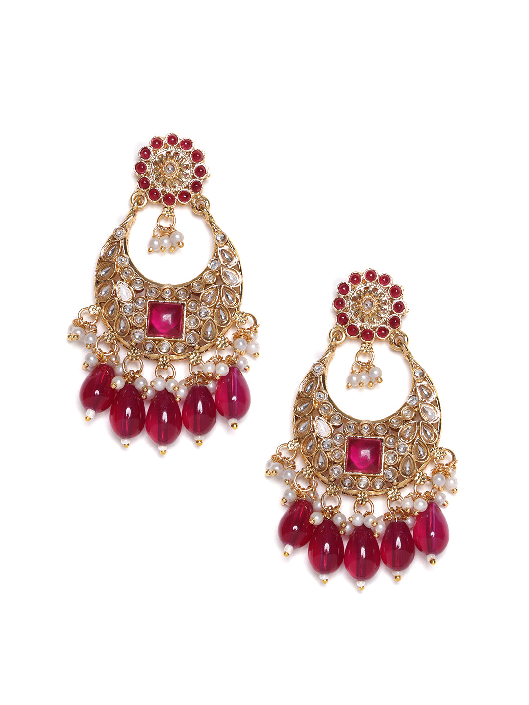 Gold-Plated Contemporary Stone Studded & Beaded Drop Earrings