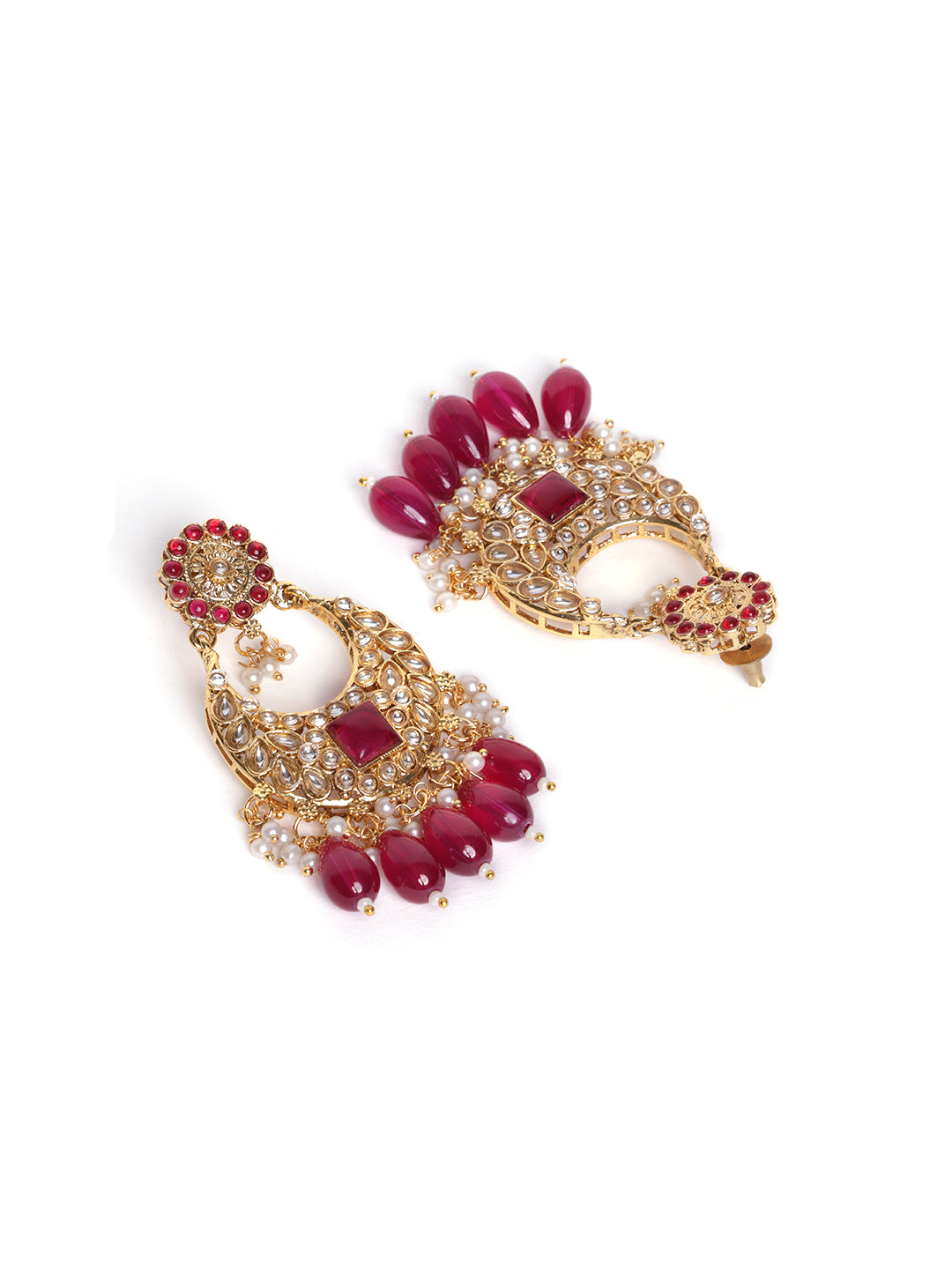 Gold-Plated Contemporary Stone Studded & Beaded Drop Earrings