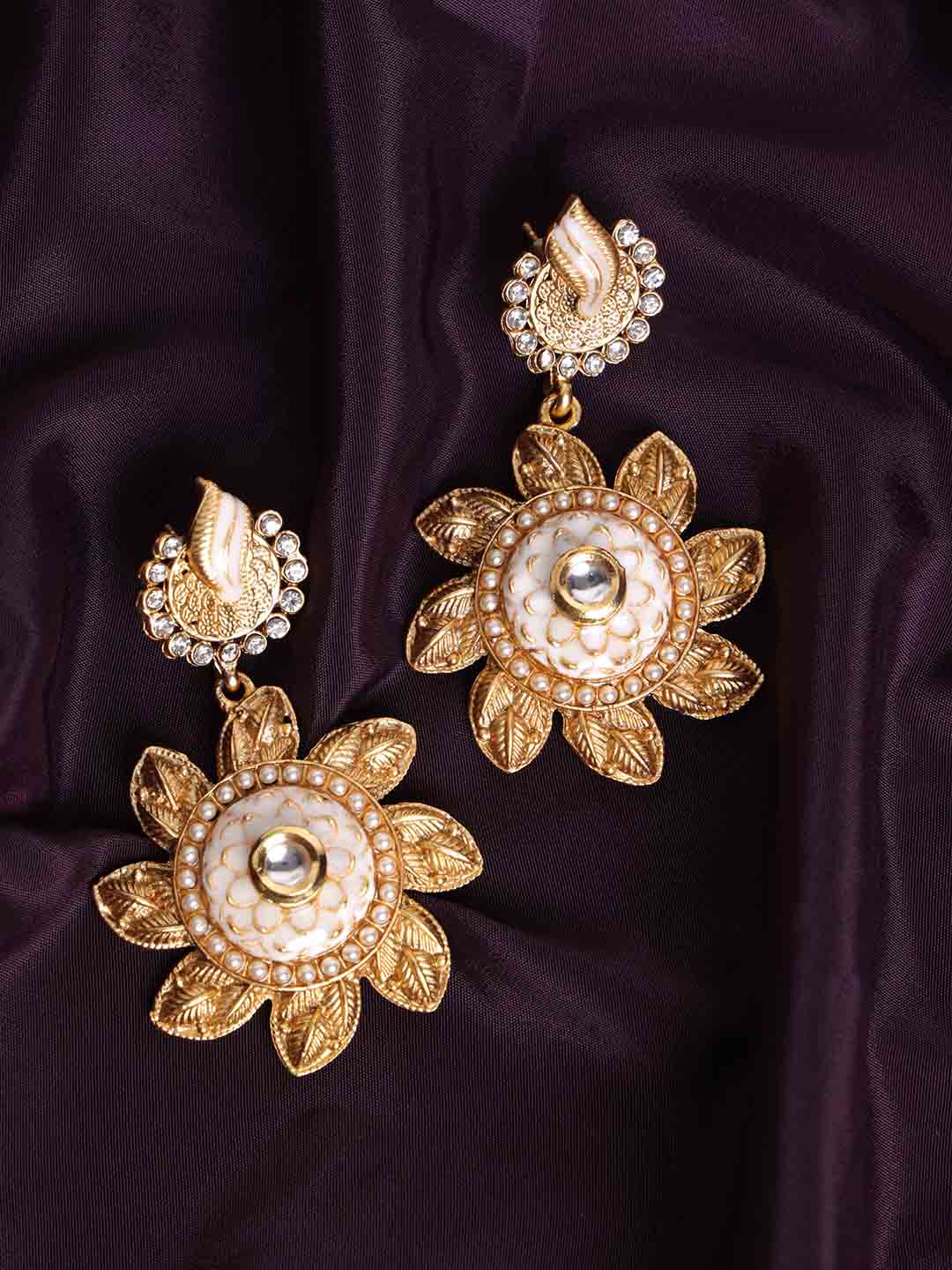 Gold Plated Kundan Contemporary Drop Earrings