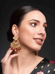 Gold-Plated Artificial Stones Studded & Beaded Crescent Shaped Drop Earrings