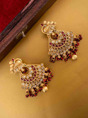 Gold-Plated Artificial Stones Studded & Beaded Crescent Shaped Drop Earrings