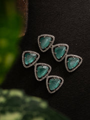 Silver -Plated Stones Studded Triangular Shaped Drop Earrings