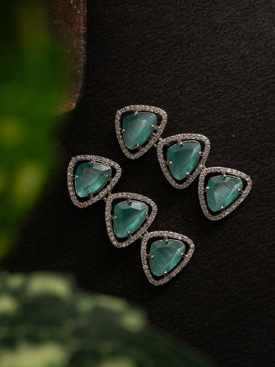 Silver -Plated Stones Studded Triangular Shaped Drop Earrings
